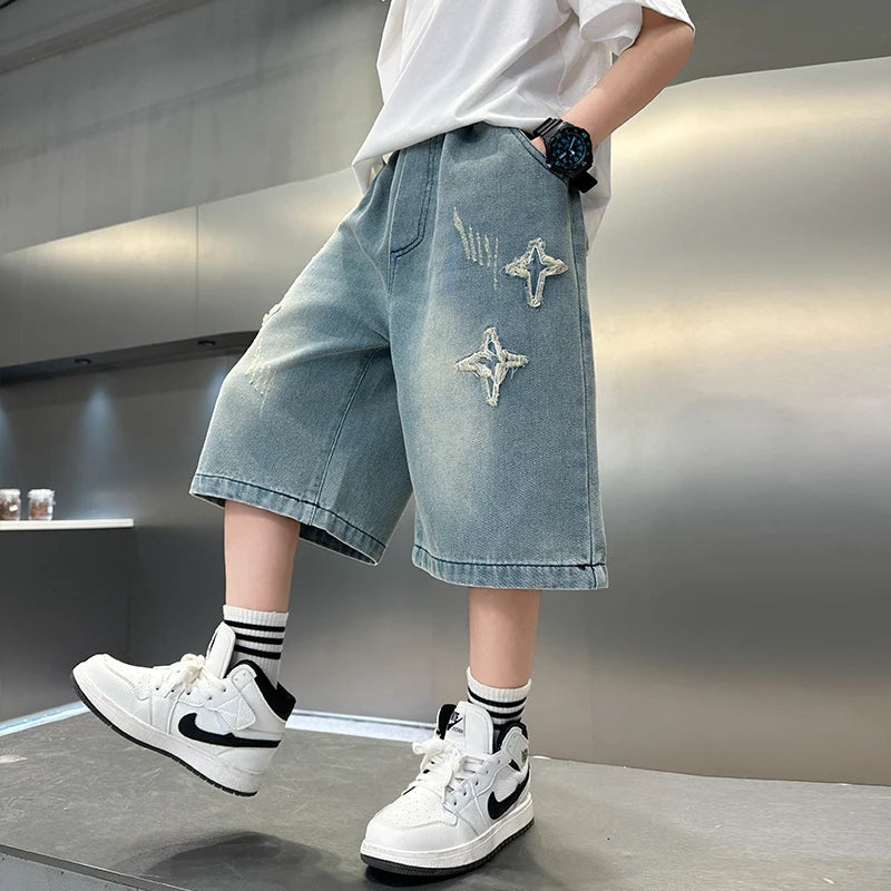 NEW FOR SUMMER 2021, trendy denim shorts for boys with star pattern, casual cropped jeans for children aged 5-14 years