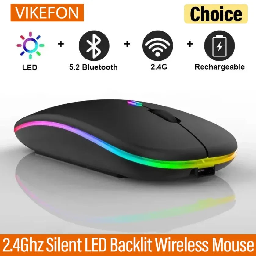 Rechargeable Silent Wireless Mouse, LED Backlit Mouse, Laptop Mouse, 2.4GHz Receiver, Bluetooth, Dual Mode, Optical