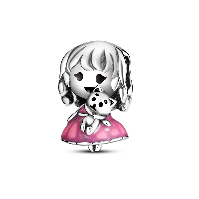 925 Plata de Ley Serie Rosa Charms Pajarita Niña Pastel Princesa Cuentas Colgante Ajuste Original Pulsera DIY Joyería Regalo Para Mujer