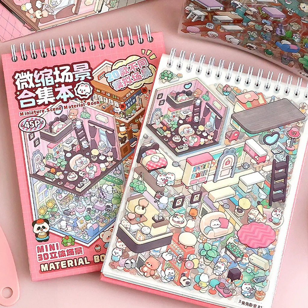 45 Pcs. Miniature Scenes, Cartoon Landscape Sticker Book, DIY 3D Stickers, Cabin Scenes, Back to School Gifts for Kids