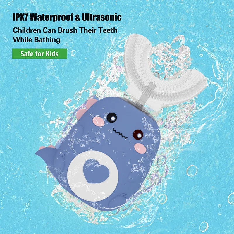 Cepillo de dientes eléctrico en forma de U para niños, cepillo de dientes sónico recargable automático de 360 grados con dibujos animados inteligentes para niños