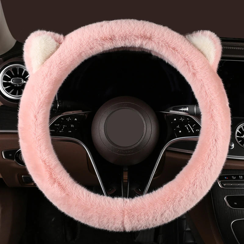 Car Steering Wheel Protector, Universal, Non-Slip, Plush Cat Ears, Warm Steering Wheel Cover, 38cm, Cute Pink Shape OD