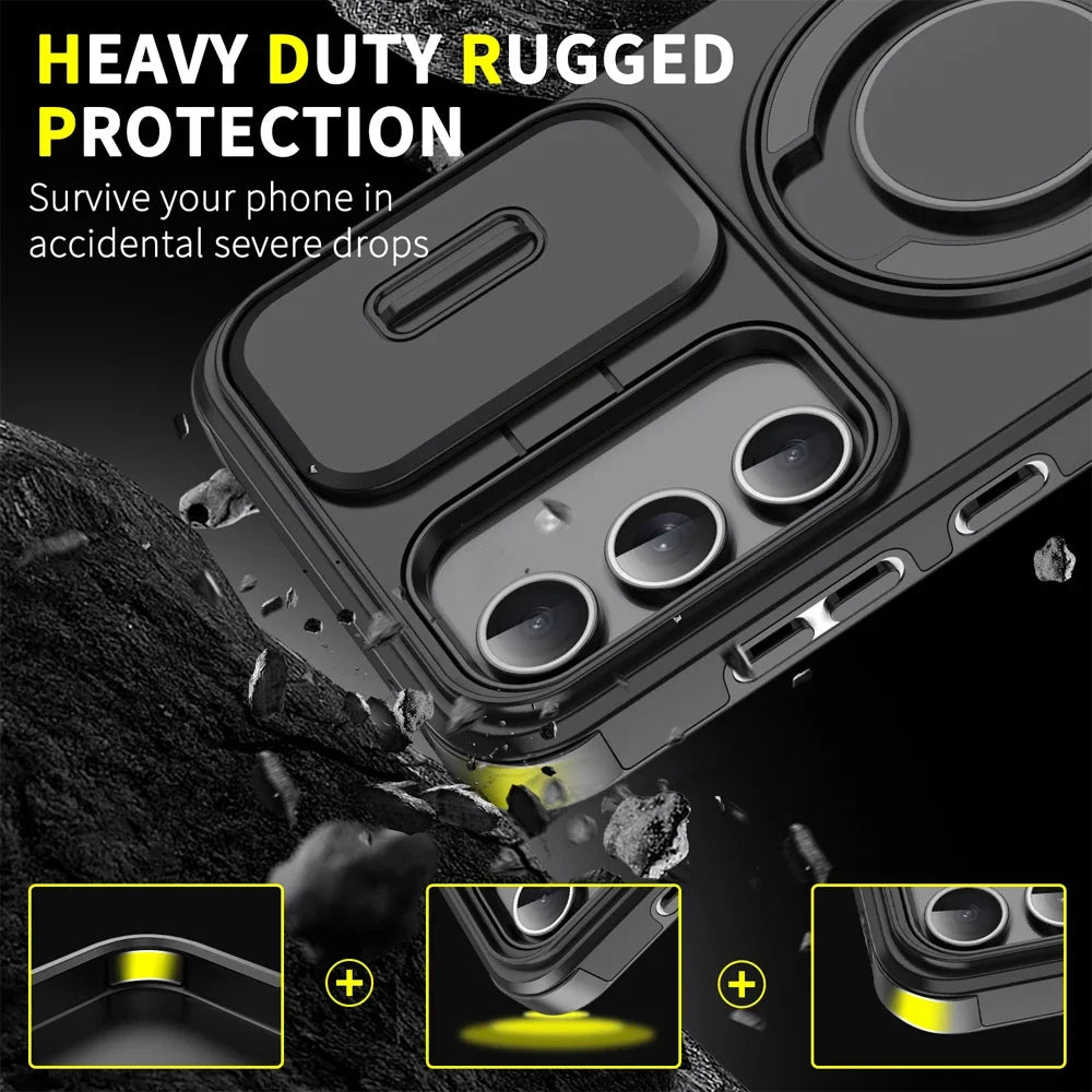 Case for Samsung Galaxy S26 S25 S24 S23 S22 S21 Ultra Plus S25 Edge S25FE S24FE, Sliding Camera Protection, Magnetic Stand, Armor Case