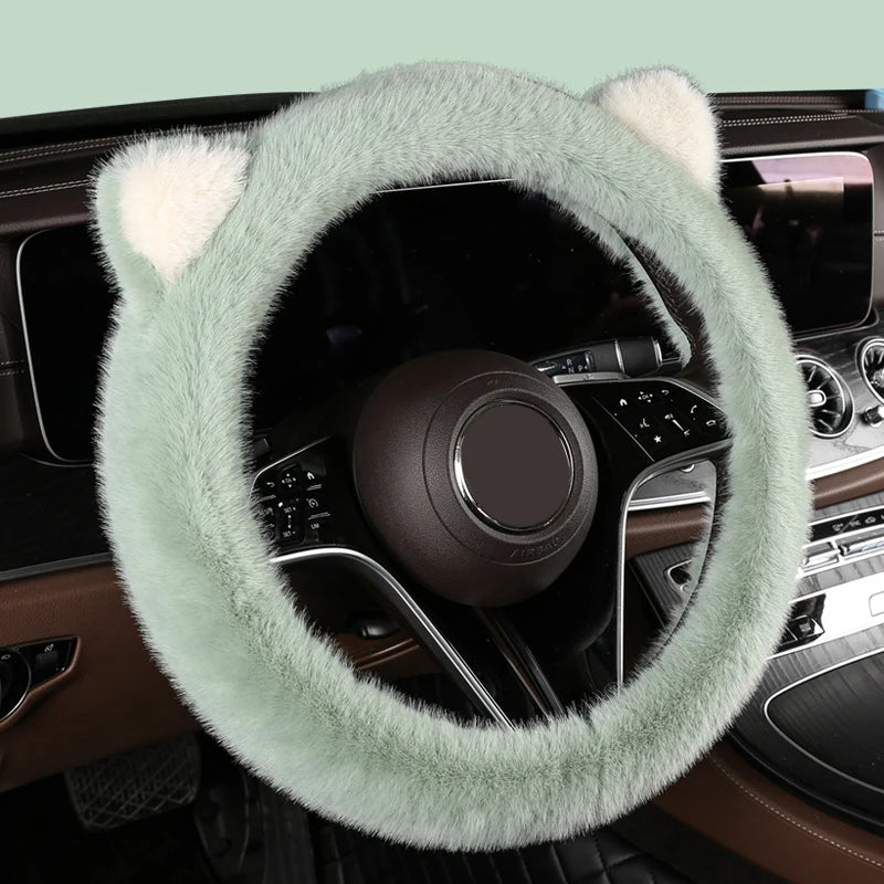 Car Steering Wheel Protector, Universal, Non-Slip, Plush Cat Ears, Warm Steering Wheel Cover, 38cm, Cute Pink Shape OD