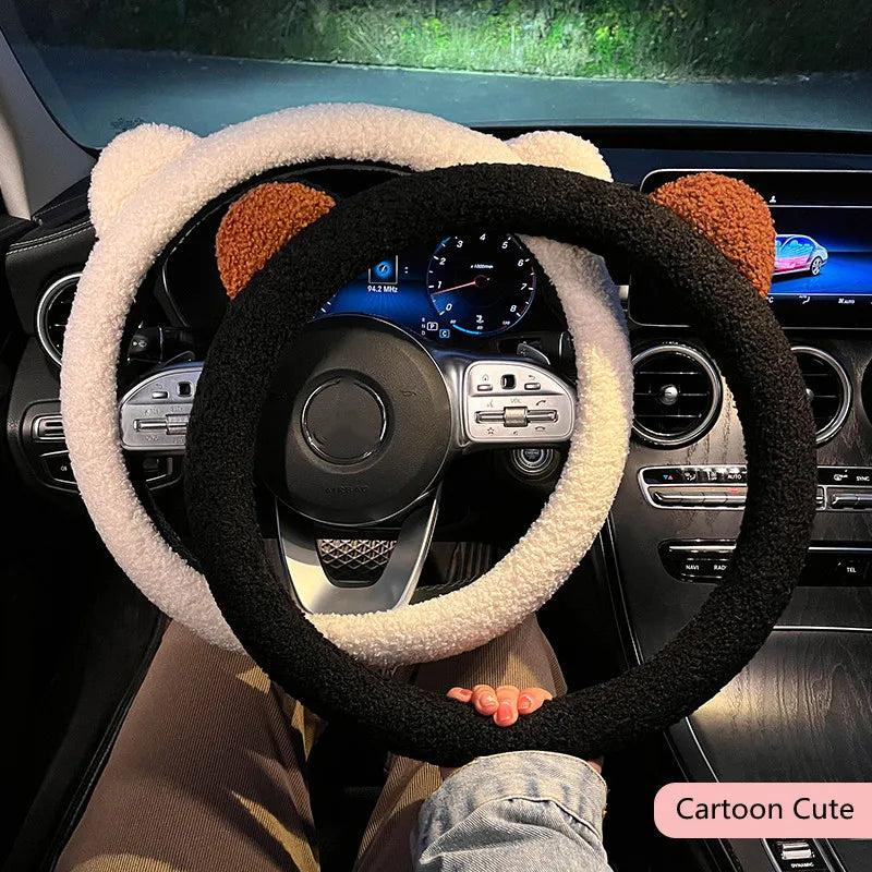 Nuevo Invierno cálido suave felpa dibujos animados oso oreja accesorios interiores del coche 38cm protector para volante de coche cubierta de mano