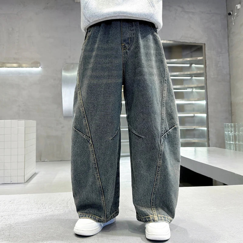 Vintage Blue Loose Fit Curved Jeans for Boys, Stylish Teen Wide Leg Jeans, Fashionable Casual Loose Jeans for Kids