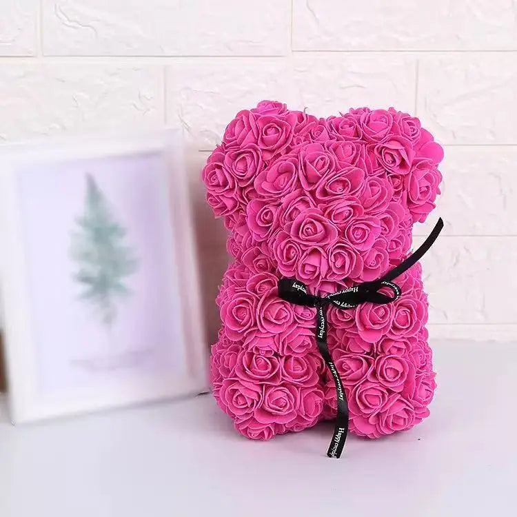 25cm Artificial Pink Flower Teddy Bear with Box, Romantic Valentine's Day Gift, Wedding and Anniversary Party Supplies for Girlfriend and Woman
