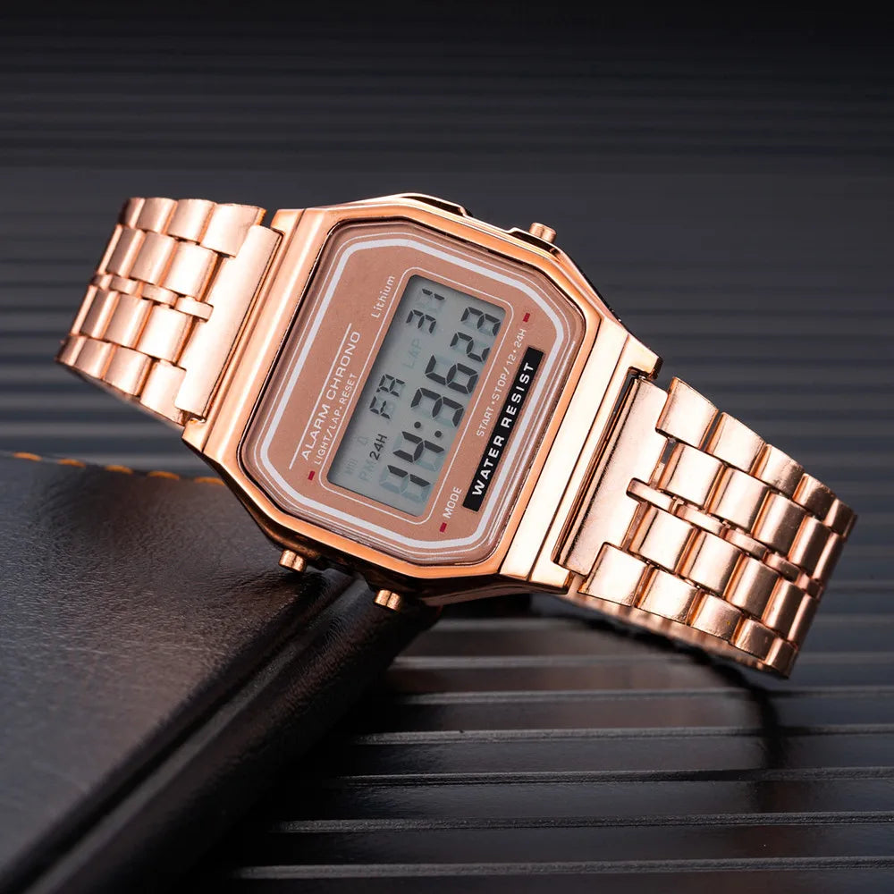 Elegant Digital Watch for Women, Gold and Silver Stainless Steel Electronic Wristwatches for Women, Zegarek Damski Men's Watch