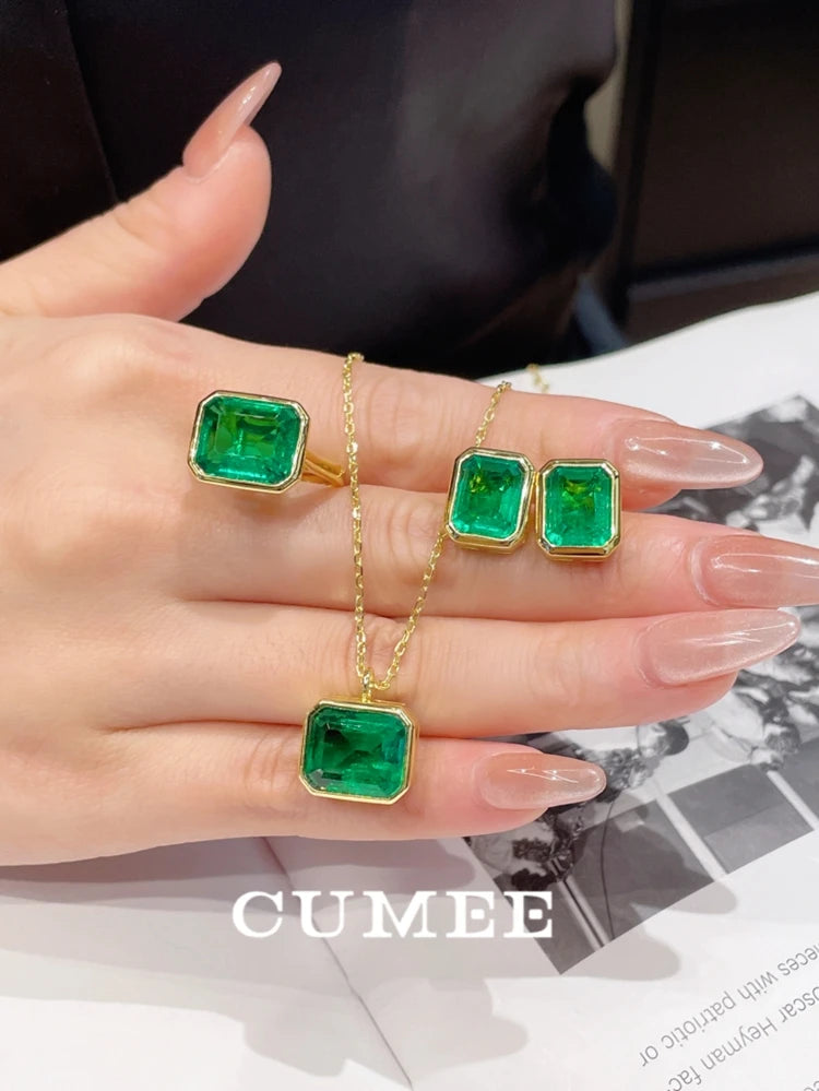CUMEE Conjunto de joyería de plata 925 personalizado, pendiente de Esmeralda sintética cultivada para joyería de mujer, chapado en oro amarillo de 18 quilates - CR mark