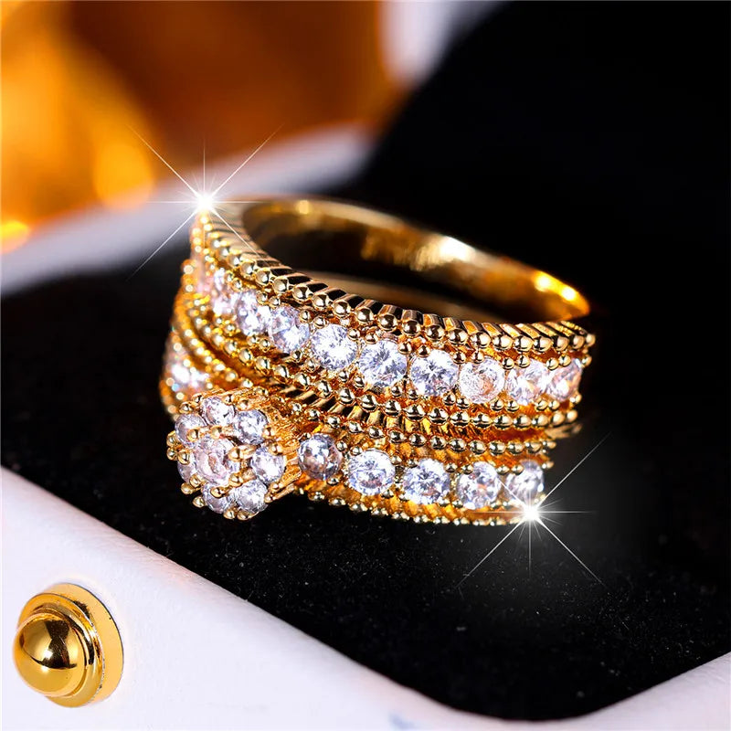 Conjunto de anillos redondos blancos de lujo para mujer, joyería de compromiso de Color oro amarillo a la moda, regalo de boda para novia - CR mark