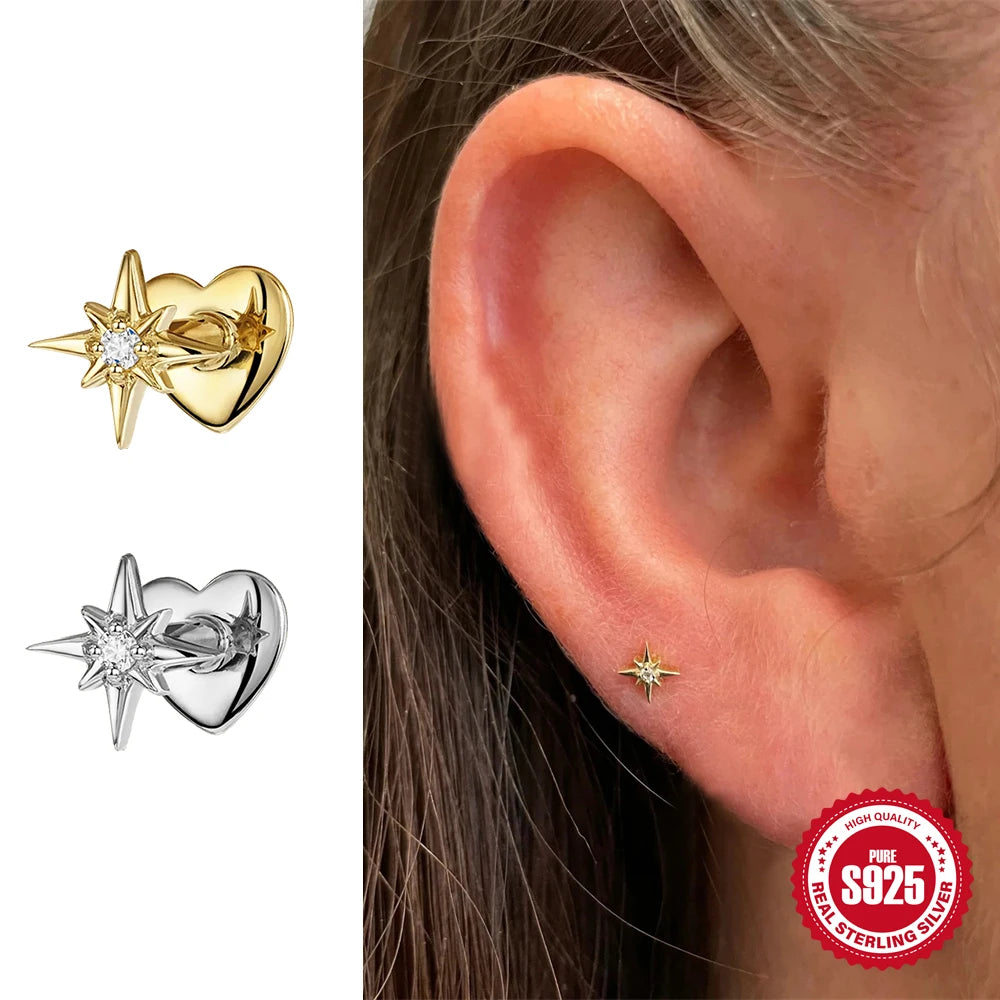 Pendientes ROXI de Plata de Ley 925 con circonita, 1 unidad, estrella de ocho puntas, corazón de oro/plata de 18 quilates, piercing con parte posterior plana, regalo de joyería - CR mark