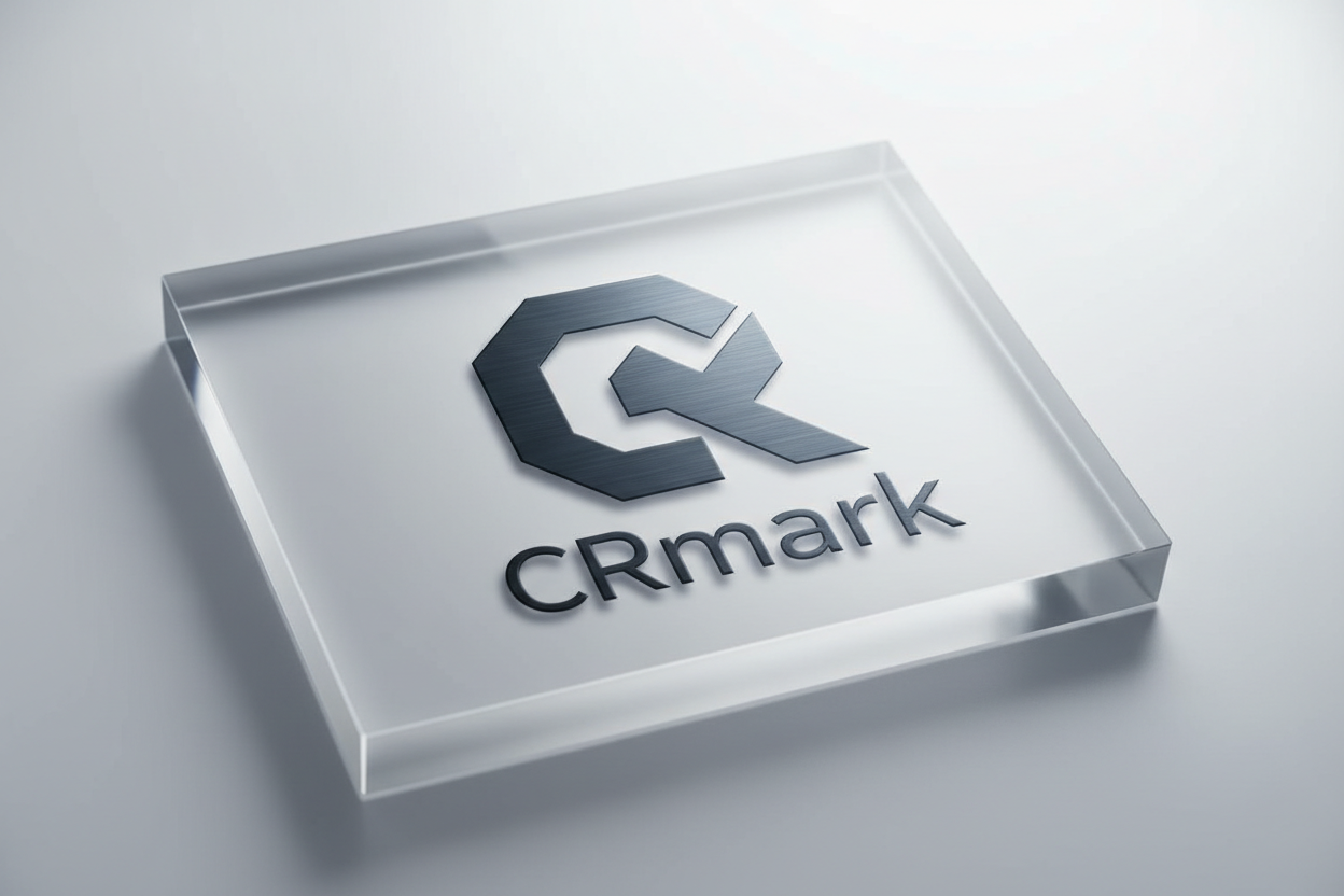 Fotografía profesional de un logotipo con diseño profesional. Estilo llamativo. Iluminación clara y que se vea bien. Quiero que lleve nuestro nombre CRmark. Imagen de alta resolución, calidad comercial, estilo fotografía de producto para e-commerce.